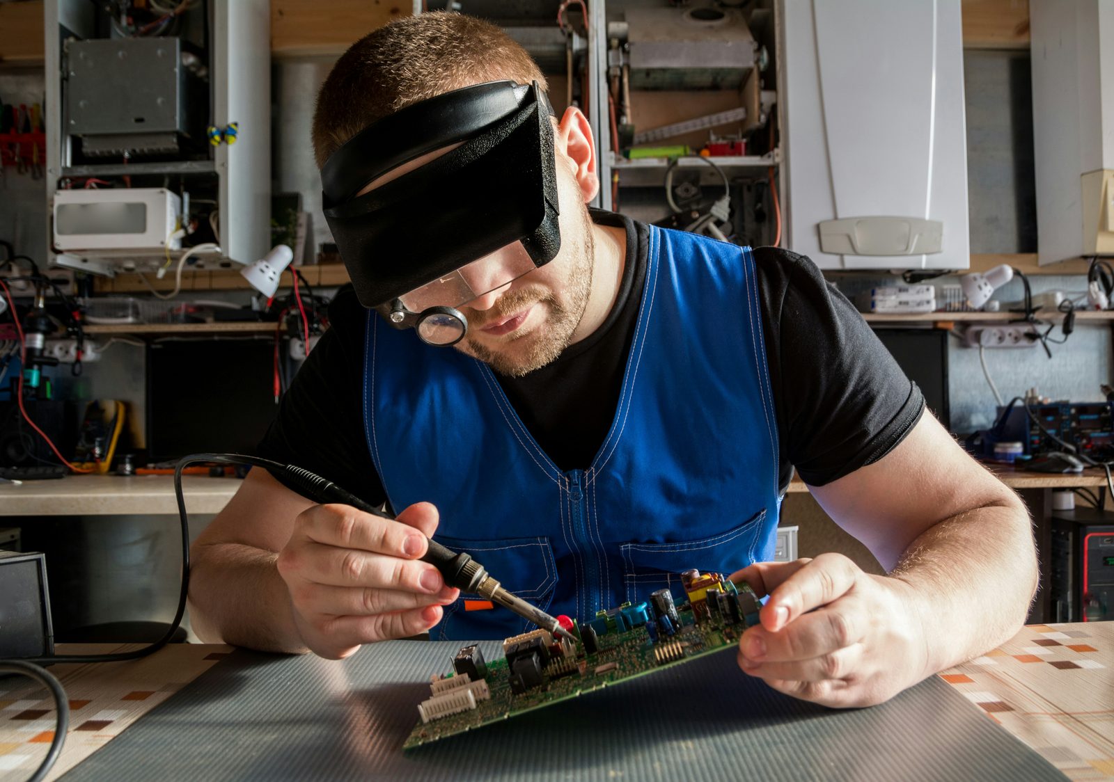Technician soldering a circuit board at a workbench